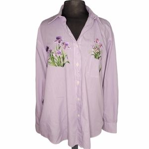 Striped button down shirt with purple irises